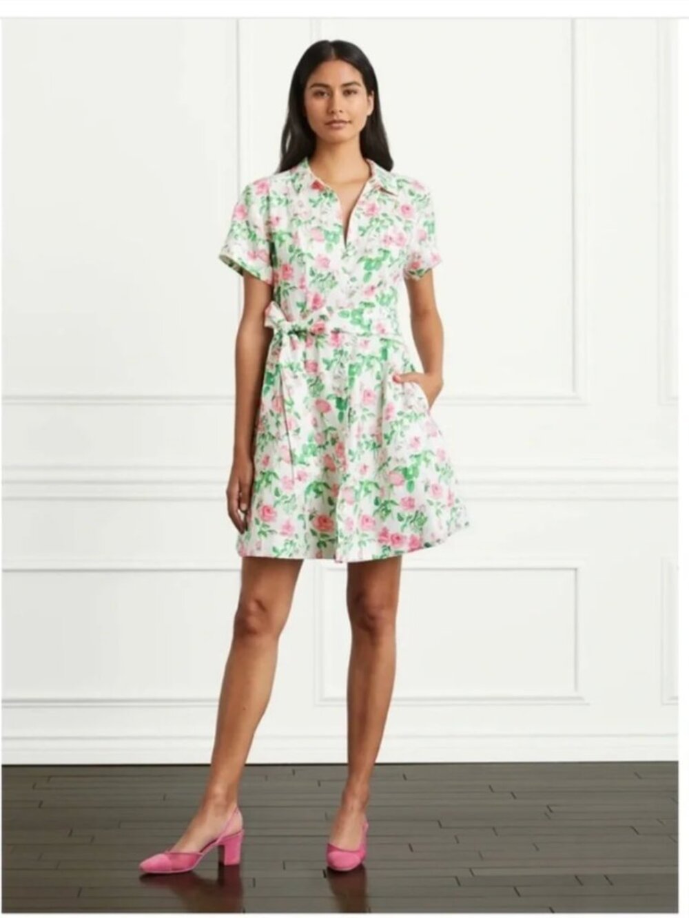 Hill House The Laura Dress - Pink Roses Linen, Medium
